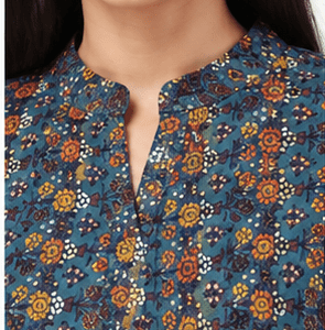 Women's Teal Blue Kalamkari Print Mandarin Collar Kurta Top