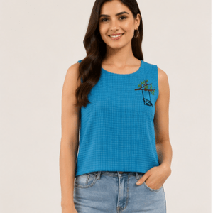 Women's Cerulean Blue Textured Sleeveless Top with Bird Embroidery