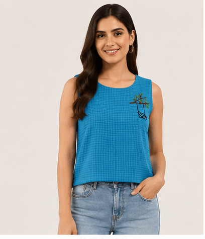 Women's Cerulean Blue Textured Sleeveless Top with Bird Embroidery