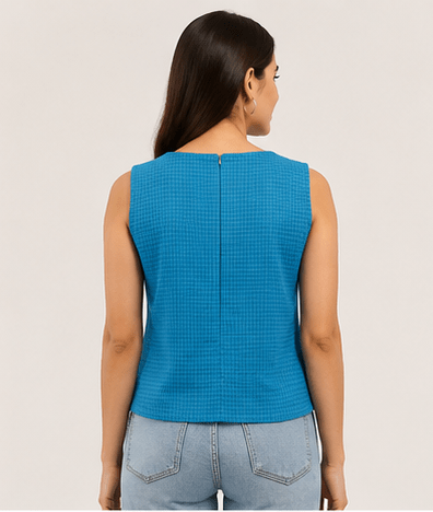Women's Cerulean Blue Textured Sleeveless Top with Bird Embroidery - Image 3