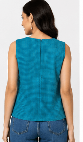 Women's Cerulean Blue Sleeveless Textured Top with Swing Motif Embroidery - Image 5