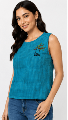 Women's Cerulean Blue Sleeveless Textured Top with Swing Motif Embroidery - Image 4