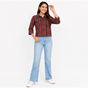 Women's Maroon Ikat Print Button-Down Shirt Top