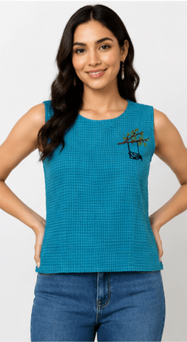 Women's Cerulean Blue Sleeveless Textured Top with Swing Motif Embroidery - Image 3