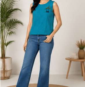 Women's Cerulean Blue Sleeveless Textured Top with Swing Motif Embroidery
