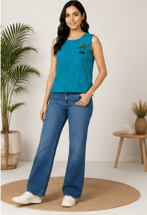 Women's Cerulean Blue Sleeveless Textured Top with Swing Motif Embroidery