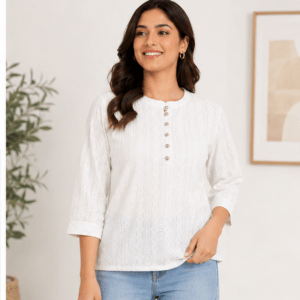 Elegance in White: Women's Chikankari Embroidered Cotton Short Kurti