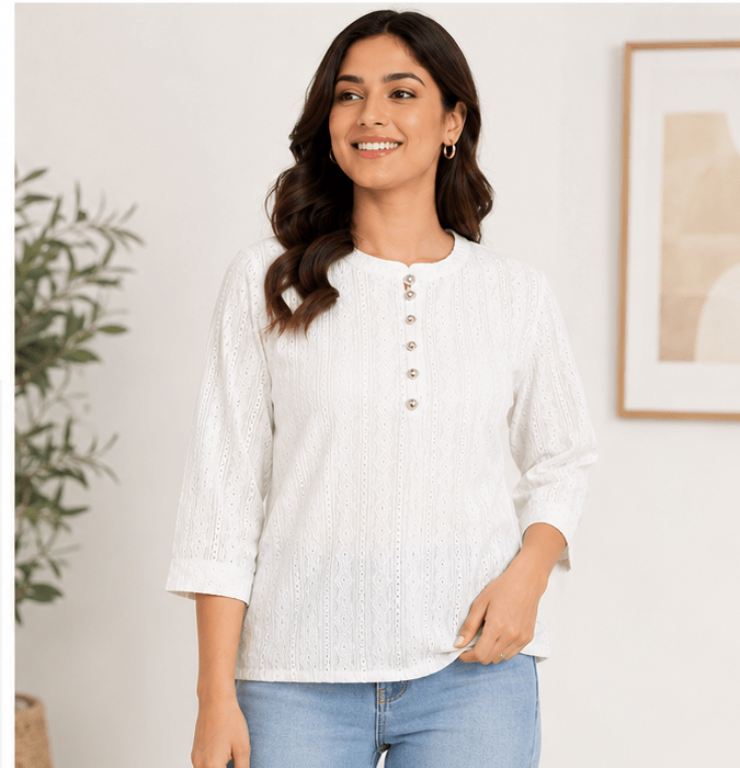 Elegance in White: Women's Chikankari Embroidered Cotton Short Kurti