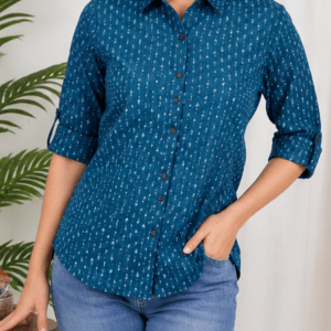 Indigo Vibe: Women’s Printed Cotton Casual Button-Down Shirt