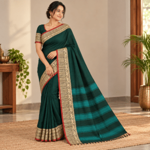 Bottle Green Narayan Peth Handloom Cotton Saree with Antique Gold Border