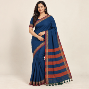 Navy Blue Narayan Peth Handloom Cotton Saree with Magenta Temple Border