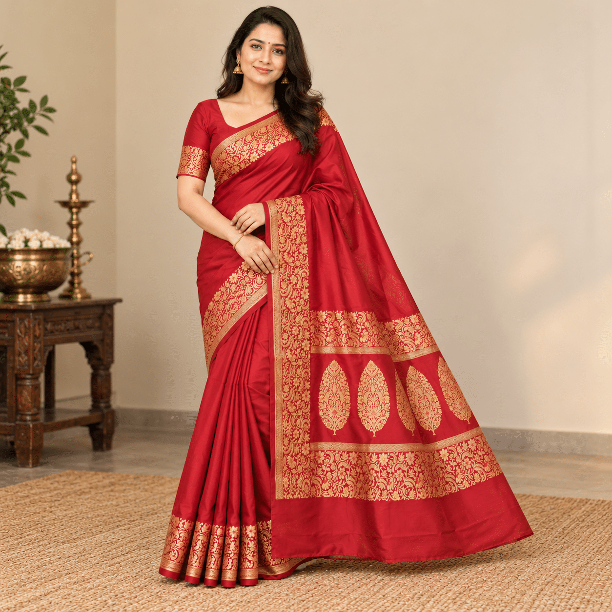 Crimson Red Pure Handloom Silk Saree with Gold Zari Brocade Border & Paisley Pallu - Image 3