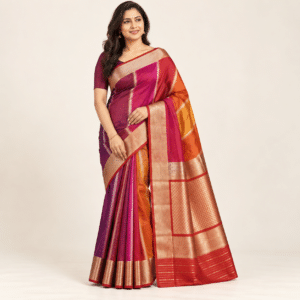 Rangoli Stripe Pure Handloom Silk Saree – Magenta, Orange & Red