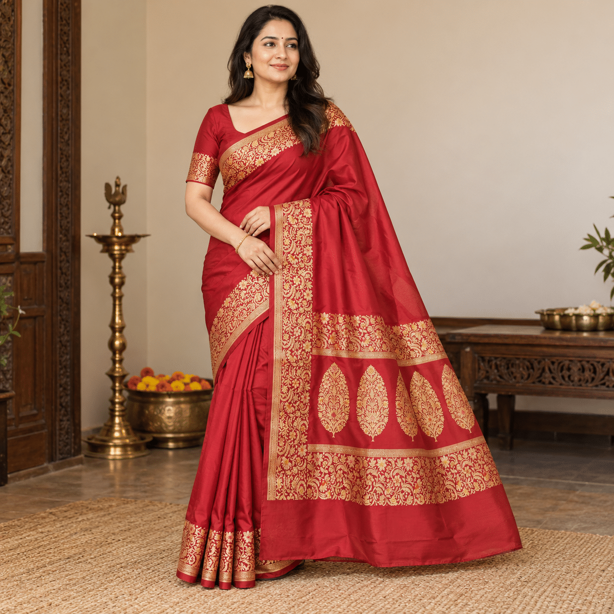 Crimson Red Pure Handloom Silk Saree with Gold Zari Brocade Border & Paisley Pallu